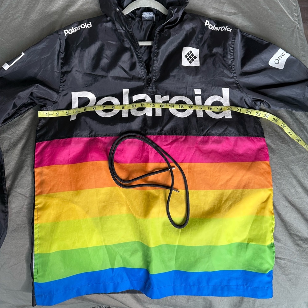 Vintage Polaroid Black Jacket Rainbow Stripes Windbreaker Hoodie Sz M 90s Y2K - Picture 7 of 8